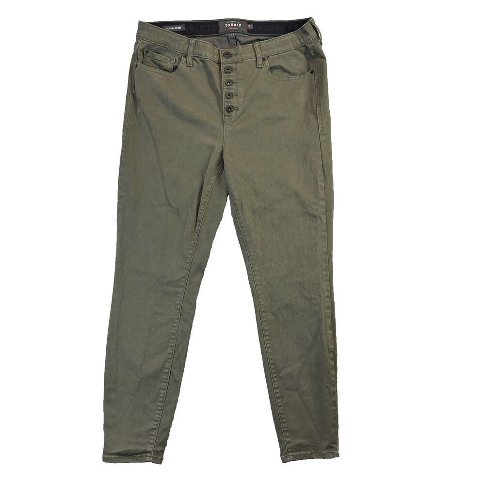 Torrid Jeans Womens 14R Olive Green Sky High Skinny Button Fly Stretch Regular